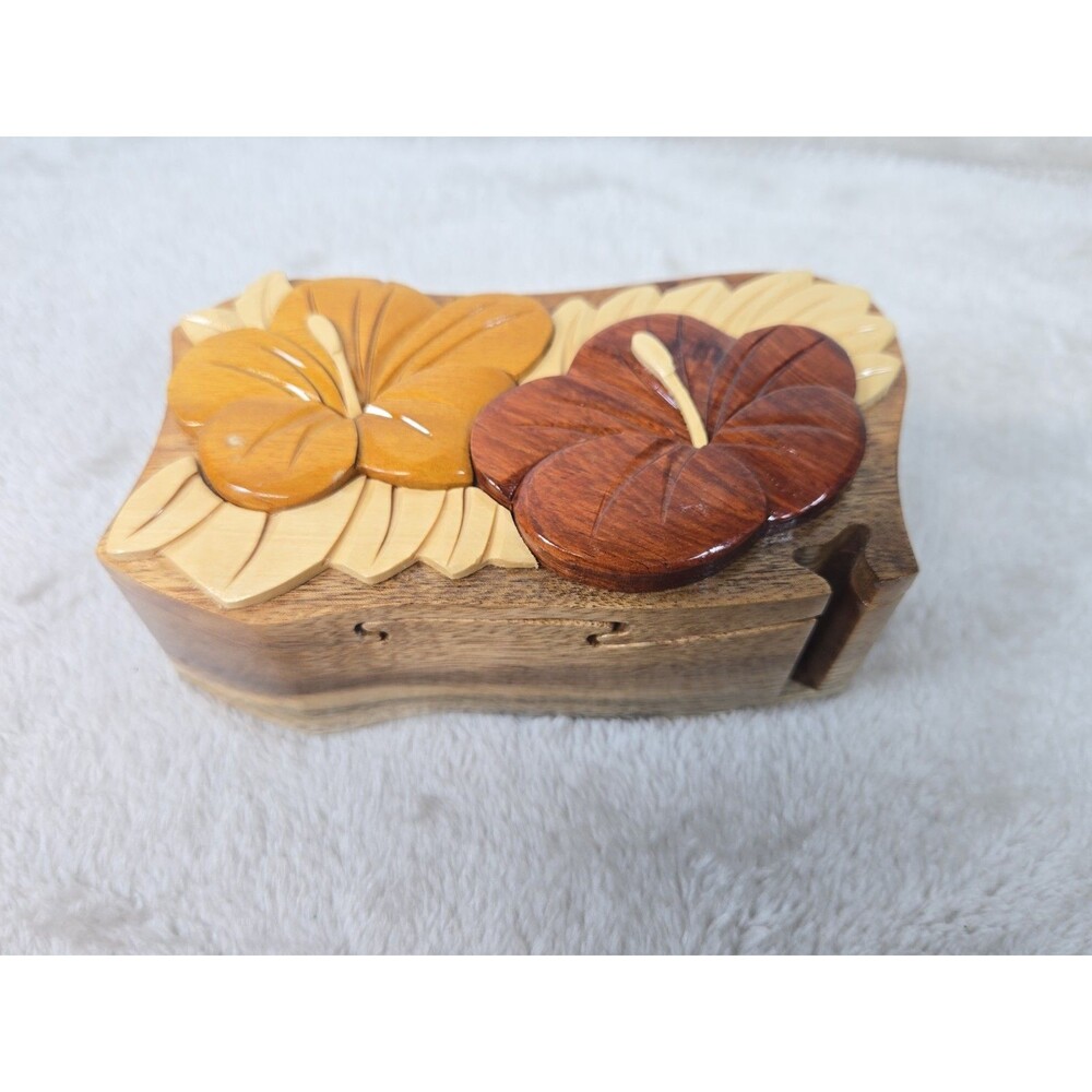 Small Wooden Red Velvet-Lined Hawaii Puzzle Jewelry Box